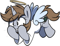 Size: 767x586 | Tagged: safe, artist:shinodage, imported from twibooru, angel wings, oc, oc:littlepip, unicorn, fallout equestria, clothes, covering mouth, cute, eye clipping through hair, halo, image, png, shoulder angel, simple background, transparent background, wide eyes