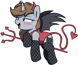 Size: 980x814 | Tagged: safe, artist:shinodage, imported from twibooru, oc, oc:littlepip, unicorn, fallout equestria, bat wings, bedroom eyes, blushing, clothes, cute, devil horns, devil tail, fishnets, image, leotard, pitchfork, png, shoulder devil, simple background, transparent background, wings