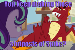 Size: 960x640 | Tagged: safe, edit, edited screencap, editor:undeadponysoldier, imported from ponybooru, screencap, garble, starlight glimmer, dragon, pony, unicorn, a matter of principals, angry, animated, blast, caption, colored text, episode needed, female, fired, garblebuse, get out, gif, image macro, implied spike, it was at this moment that he knew he fucked up, magic, magic blast, male, mare, not listening, rage, sitting, smartass, spike justice warriors, spikelove, text, troll, trolling, wrong aspect ratio, you're fired
