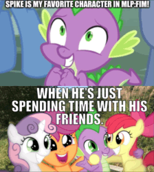 Size: 859x960 | Tagged: safe, edit, edited edit, edited screencap, editor:undeadponysoldier, imported from ponybooru, photographer:undeadponysoldier, screencap, apple bloom, scootaloo, spike, sweetie belle, dragon, earth pony, pegasus, pony, unicorn, it ain't easy being breezies, adorabloom, best dragon, best friends, best friends until the end of time, bow, caption, cute, cutealoo, cutie mark crusaders, daaaaaaaaaaaw, diasweetes, dragons in real life, edited photo, female, filly, grin, hair bow, happy, image macro, irl, photo, ponies in real life, smiling, spikabetes, spikelove, text