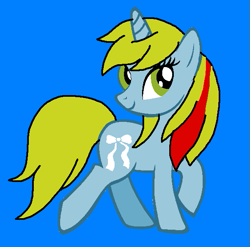 Size: 607x600 | Tagged: safe, artist:piggyman54, ribbon (g1), pony, unicorn, blue background, cute, female, g1, g1 to g4, g4, generation leap, mare, ribbondorable, simple background, smiling, solo