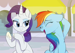 Size: 2048x1450 | Tagged: source needed, safe, artist:roundabout, imported from derpibooru, rainbow dash, rarity, pegasus, pony, unicorn, rarity investigates, cute, duo, duo female, female, imminent boop, mare, scene interpretation, smiling, sunscreen