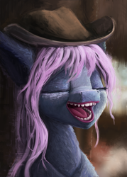 Size: 2341x3269 | Tagged: safe, alternate version, artist:gliconcraft, imported from derpibooru, oc, oc only, oc:peachbloom everbreeze, pony, eyes closed, hat, high res, mawshot, open mouth, smiling, teeth, tongue out