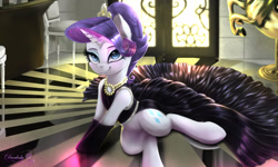 Size: 2500x1500 | Tagged: safe, artist:darksly, imported from derpibooru, rarity, pony, unicorn, audrey hepburn, beautiful, black dress, bottomless, breakfast at tiffany's, chair, clothes, cutie mark, door, dress, ear fluff, female, holly golightly, horn, indoors, jewelry, lidded eyes, long dress, looking at you, mare, necklace, partial nudity, smiling, smiling at you, solo, tiara