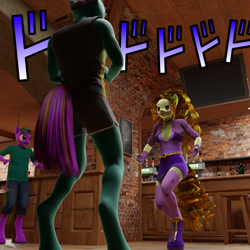 Size: 1080x1080 | Tagged: safe, artist:stellarator, imported from derpibooru, adagio dazzle, oc, oc:peach cobbler, oc:protein shake, anthro, unguligrade anthro, comic:we will be adored, comic:we will be adored part 16, 3d, adagio gonna get ya, blender, blender cycles, breasts, clothes, comic panel, cycles, jojo's bizarre adventure, meme, not sfm, oh you're approaching me, skirt, socks, thigh highs, ド ド ド