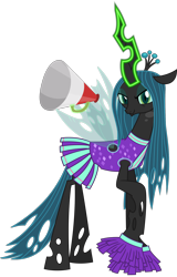 Size: 1382x2166 | Tagged: safe, artist:sketchmcreations, imported from derpibooru, queen chrysalis, changeling, changeling queen, 2 4 6 greaaat, cheerleader, cheerleader chrysalis, cheerleader outfit, clothes, female, glowing horn, horn, lidded eyes, magic, megaphone, pom pom, raised hoof, simple background, skirt, smiling, solo, telekinesis, transparent background, vector