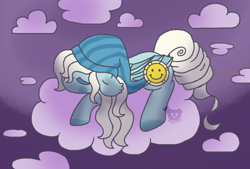 Size: 1850x1253 | Tagged: source needed, useless source url, safe, artist:cuddlygrizzly, imported from derpibooru, oc, oc only, oc:miffy sleep, bat pony, pony, bat pony oc, bat wings, cloud, cloudy, female, night, sleeping, sleepy, solo, wings