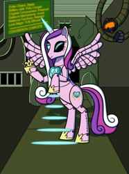 Size: 953x1280 | Tagged: artist needed, source needed, safe, artist:sergeant16bit, imported from derpibooru, princess cadance, alicorn, pony, robot, robot pony, computer monitor, conveyor belt, crown, jewelry, looking at you, monitor, one eye closed, princess botdance, rearing, regalia, roboticization, spread wings, tiara, transformation, wings, wink, winking at you