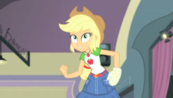 Size: 3410x1920 | Tagged: safe, imported from derpibooru, screencap, applejack, constructive criticism, equestria girls, equestria girls series, applejack's hat, belt, broken hand, clothes, cowboy hat, cutie mark, cutie mark on clothes, denim skirt, female, geode of super strength, hat, high res, jewelry, magical geodes, necklace, skirt, smiling, solo