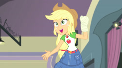 Size: 3410x1920 | Tagged: safe, imported from derpibooru, screencap, applejack, constructive criticism, equestria girls, equestria girls series, applejack's hat, belt, broken hand, clothes, cowboy hat, cutie mark, cutie mark on clothes, denim skirt, female, geode of super strength, hat, high res, jewelry, magical geodes, necklace, open mouth, skirt, solo