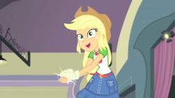 Size: 3410x1920 | Tagged: safe, imported from derpibooru, screencap, applejack, constructive criticism, equestria girls, equestria girls series, applejack's hat, belt, broken hand, clothes, cowboy hat, cutie mark, cutie mark on clothes, denim skirt, female, geode of super strength, hat, high res, jewelry, magical geodes, necklace, open mouth, skirt, solo