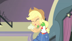 Size: 3410x1920 | Tagged: safe, imported from derpibooru, screencap, applejack, constructive criticism, equestria girls, equestria girls series, applejack's hat, belt, broken hand, clothes, cowboy hat, cutie mark, cutie mark on clothes, denim skirt, eyes closed, female, geode of super strength, hat, high res, jewelry, magical geodes, necklace, open mouth, skirt, solo