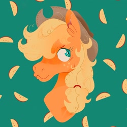 Size: 2048x2048 | Tagged: safe, artist:pastacrylic, artist:pastacrylicaj, imported from derpibooru, applejack, earth pony, pony, :3, apple slice, bust, cowboy hat, ear fluff, female, hat, high res, mare, smiling, solo