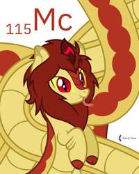 Size: 4000x5000 | Tagged: safe, artist:parclytaxel, imported from derpibooru, oc, oc only, oc:acorn, hybrid, kirin, lamia, original species, series:joycall6's periodic table, .svg available, absurd resolution, chemistry, commission, cute, cute little fangs, fangs, forked tongue, impossibly long tail, long tongue, male, moscovium, periodic table, raised hoof, simple background, slit pupils, smiling, solo, tongue out, vector, white background, yellow sclera
