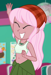 Size: 596x878 | Tagged: safe, edit, edited screencap, imported from derpibooru, screencap, raspberry lilac, equestria girls, equestria girls series, tip toppings, spoiler:choose your own ending (season 2), spoiler:eqg series (season 2), bandana, belly button, clothes, cropped, eyes closed, female, frozen yogurt shop, midriff, poster, raised arm, smiling, solo, sports bra, tanktop