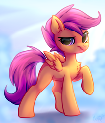 Size: 2303x2707 | Tagged: safe, artist:megabait, imported from derpibooru, scootaloo, pegasus, pony, blank flank, chest fluff, cloud, cute, cutealoo, female, filly, high res, raised hoof, simple background, sky, solo, wings