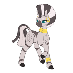Size: 3200x3200 | Tagged: safe, artist:aquaticvibes, imported from derpibooru, zecora, pony, zebra, bracelet, ear piercing, earring, female, high res, jewelry, looking at you, mare, neck rings, piercing, quadrupedal, raised hoof, simple background, smiling, solo, white background