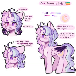 Size: 1280x1280 | Tagged: safe, artist:moon-rose-rosie, imported from derpibooru, oc, oc only, oc:celestial moon, alicorn, pony, alicorn oc, female, horn, mare, pansexual pride flag, pride, pride flag, reference, reference sheet, solo, two toned wings, wings