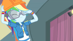 Size: 3410x1920 | Tagged: safe, imported from derpibooru, screencap, rainbow dash, constructive criticism, equestria girls, equestria girls series, clothes, constructive criticism: rainbow dash, cutie mark, cutie mark on clothes, eyes closed, female, geode of super speed, goggles, helmet, high res, hoodie, jewelry, magical geodes, necklace, smiling, solo