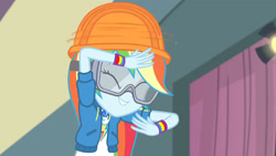 Size: 3410x1920 | Tagged: safe, imported from derpibooru, screencap, rainbow dash, constructive criticism, equestria girls, equestria girls series, clothes, constructive criticism: rainbow dash, cutie mark, cutie mark on clothes, eyes closed, female, geode of super speed, goggles, helmet, high res, hoodie, jewelry, magical geodes, necklace, smiling, solo