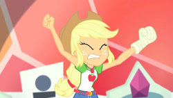 Size: 3410x1920 | Tagged: safe, imported from derpibooru, screencap, applejack, constructive criticism, equestria girls, equestria girls series, applejack's hat, belt, broken hand, clothes, constructive criticism: rainbow dash, cowboy hat, cutie mark, cutie mark on clothes, denim skirt, eyes closed, female, geode of super strength, hat, high res, jewelry, magical geodes, necklace, skirt, solo