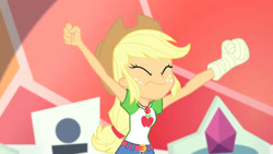 Size: 3410x1920 | Tagged: safe, imported from derpibooru, screencap, applejack, constructive criticism, equestria girls, equestria girls series, applejack's hat, belt, broken hand, clothes, constructive criticism: rainbow dash, cowboy hat, cutie mark, cutie mark on clothes, denim skirt, eyes closed, female, geode of super strength, hat, high res, jewelry, magical geodes, necklace, skirt, solo, tallulah