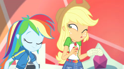 Size: 3410x1920 | Tagged: safe, imported from derpibooru, screencap, applejack, rainbow dash, constructive criticism, equestria girls, equestria girls series, applejack's hat, belt, clothes, constructive criticism: rainbow dash, cowboy hat, cutie mark, cutie mark on clothes, denim skirt, eyes closed, female, geode of super speed, geode of super strength, hat, high res, hoodie, jewelry, magical geodes, necklace, one eye closed, open mouth, skirt