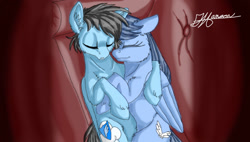 Size: 1024x580 | Tagged: artist needed, safe, imported from derpibooru, oc, oc:angel wings, oc:zuro, changeling, pegasus, cuddling, disguise, disguised changeling, fanfic, fanfic art, female, husband and wife, lying down, male