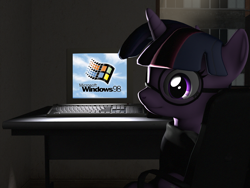 Size: 2873x2160 | Tagged: safe, artist:charismatic pony, imported from derpibooru, twilight sparkle, pony, unicorn, 3d, chair, computer, desk, glasses, high res, keyboard, microsoft windows, monitor, solo, source filmmaker, webcore, window, windows, windows 98
