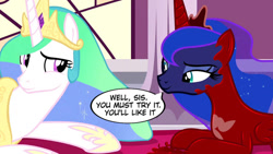 Size: 1192x670 | Tagged: safe, artist:14oliverhedgehog, artist:barrelslover, edit, edited screencap, imported from derpibooru, screencap, princess celestia, princess luna, alicorn, pony, a royal problem, dialogue, duo, duo female, female, latex, living latex, living suit, looking at each other, lying down, mare, mind control, parasite, prone, remake, royal sisters, siblings, sisters, smiling, smiling at each other, speech bubble, symbiote, venom