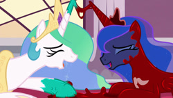 Size: 1192x670 | Tagged: safe, artist:14oliverhedgehog, artist:barrelslover, edit, edited screencap, imported from derpibooru, screencap, princess celestia, princess luna, alicorn, pony, a royal problem, duo, duo female, eyes closed, female, latex, laughing, living latex, living suit, lying down, mare, mind control, parasite, prone, remake, royal sisters, siblings, sisters, symbiote, transformation, venom