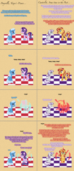 Size: 964x2207 | Tagged: safe, artist:verve, imported from derpibooru, starlight glimmer, sunset shimmer, trixie, twilight velvet, pony, unicorn, ask genie twilight, student counsel, comic, female, magic, mare, picnic blanket, pixel art, scene interpretation, sitting, teleportation