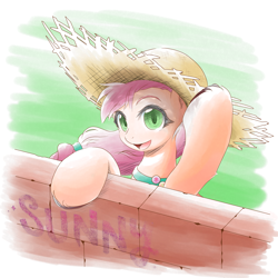 Size: 2000x2000 | Tagged: safe, artist:ragurimo, imported from derpibooru, sunny starscout, earth pony, pony, brick wall, cute, g5, hat, high res, open mouth, smiling, solo, sunnybetes, traditional art