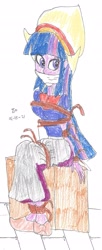 Size: 1035x2534 | Tagged: safe, artist:godzilla713, imported from derpibooru, twilight sparkle, alicorn, equestria girls, bondage, bound and gagged, cloth gag, clothes, dutch, dutch cap, gag, hat, long dress, long skirt, rope, rope bondage, sitting, skirt, solo, tied up, twilight sparkle (alicorn)
