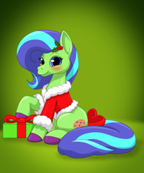 Size: 1250x1501 | Tagged: safe, artist:runningtoaster, imported from derpibooru, oc, oc only, oc:chafine, earth pony, pony, blushing, bow, christmas, christmas gift, christmas outfit, colored hooves, earth pony oc, female, gradient background, holiday, mare, present, smiling, solo, tail bow