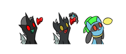 Size: 970x418 | Tagged: safe, artist:srmario, imported from derpibooru, oc, oc:doctiry, oc:platan, oc:reinflak, changeling, riolu, bust, changeling oc, food, heart, lemon, licking, licking lips, male, platiry, pokémon, simple background, smiling, tongue out, white background
