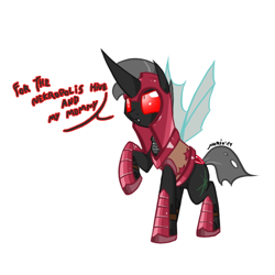 Size: 670x670 | Tagged: safe, artist:srmario, imported from derpibooru, oc, oc only, oc:reinflak, changeling, armor, changeling oc, helmet, raised hoof, red changeling, red eyes, simple background, solo, talking, white background