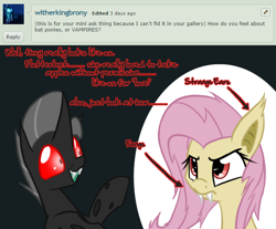 Size: 684x567 | Tagged: safe, artist:srmario, imported from derpibooru, fluttershy, oc, oc:reinflak, bat pony, changeling, pony, ask, bat ponified, bust, changeling oc, eyelashes, fangs, female, flutterbat, frown, male, mare, race swap, red changeling