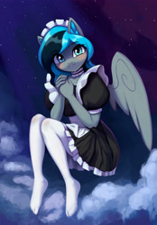 Size: 3500x5032 | Tagged: safe, artist:mrscroup, imported from derpibooru, oc, oc only, oc:luny, anthro, pegasus, plantigrade anthro, blushing, choker, clothes, dress, ear fluff, female, looking at you, maid, maid headdress, smiling, smiling at you, socks, solo, stocking feet, thigh highs, white socks, wings