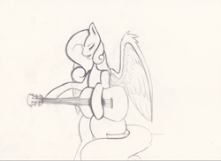 Size: 1250x909 | Tagged: safe, artist:penrosa, imported from derpibooru, oc, oc only, pegasus, pony, guitar, lineart, musical instrument, offspring, parent:button mash, parent:sweetie belle, parents:sweetiemash, pegasus oc, solo, wings