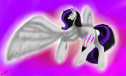 Size: 1149x695 | Tagged: safe, artist:penrosa, imported from derpibooru, oc, oc only, pegasus, pony, abstract background, grin, pegasus oc, signature, smiling, solo, wings