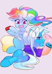 Size: 2480x3508 | Tagged: safe, artist:tingsan, imported from derpibooru, rainbow dash, trixie, pegasus, pony, unicorn, alternate hairstyle, clothes, duo, high res, nintendo switch, open mouth, simple background