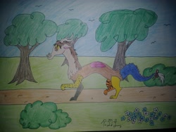 Size: 4160x3120 | Tagged: safe, artist:diamond06mlp, imported from derpibooru, oc, oc only, draconequus, atg 2018, draconequus oc, male, newbie artist training grounds, outdoors, signature, solo, traditional art, tree