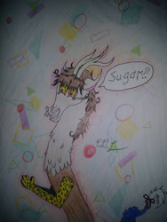 Size: 780x1040 | Tagged: safe, artist:diamond06mlp, imported from derpibooru, oc, oc only, draconequus, abstract background, atg 2018, candy, draconequus oc, food, grin, male, newbie artist training grounds, smiling, solo, talking, traditional art