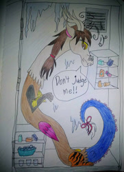 Size: 752x1040 | Tagged: safe, artist:diamond06mlp, imported from derpibooru, oc, oc only, big cat, draconequus, tiger, atg 2018, bow, draconequus oc, female, grumpy, newbie artist training grounds, solo, talking, traditional art