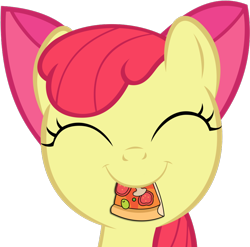 Size: 846x835 | Tagged: safe, artist:midnight-star234, imported from derpibooru, apple bloom, earth pony, pony, ^^, adorabloom, apple bloom's bow, bow, bust, cute, eyes closed, female, filly, food, hair bow, herbivore, pizza, simple background, smiling, solo, tomato, transparent background