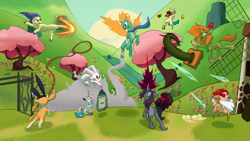 Size: 2803x1577 | Tagged: safe, artist:hitsuji, imported from derpibooru, fhtng th§ ¿nsp§kbl, alpaca, classical unicorn, cow, deer, demon, dragon, hybrid, longma, reindeer, unicorn, them's fightin' herds, apple, arizona (tfh), basket, blanket, book, bow, bunny ears, candy, candy cane, clothes, cloud, cloven hooves, community related, fight, fire, flower, food, hat, hill, hut, icicle, leonine tail, meadow, nightcap, oleander (tfh), paprika (tfh), rock, scarf, tentacles, tianhuo (tfh), tree, unicornomicon, unshorn fetlocks, velvet (tfh), windmill