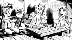 Size: 4256x2364 | Tagged: safe, artist:lexx2dot0, imported from derpibooru, oc, oc only, oc:dawn, oc:dawn (project horizons), oc:morning glory (project horizons), oc:p-21, oc:scotch tape, earth pony, pegasus, pony, fallout equestria, fallout equestria: project horizons, series:ph together we reread, black and white, clothes, dashite, fanfic art, grayscale, high res, horn, monochrome, scar