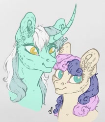 Size: 893x1042 | Tagged: safe, artist:skior, imported from derpibooru, bon bon, lyra heartstrings, sweetie drops, pony, bust, curved horn, female, gray background, horn, lesbian, lyrabon, portrait, shipping, simple background, solo