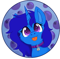 Size: 1219x1197 | Tagged: safe, alternate version, artist:rokosmith26, imported from derpibooru, oc, oc only, oc:delly, pony, unicorn, :p, alternate character, blue background, blueberry, bust, cheek fluff, collar, commission, cute, ear fluff, female, food, horn, long hair, long mane, looking at you, mare, pink eyes, simple background, smiling, solo, tongue out, unicorn oc, ych result